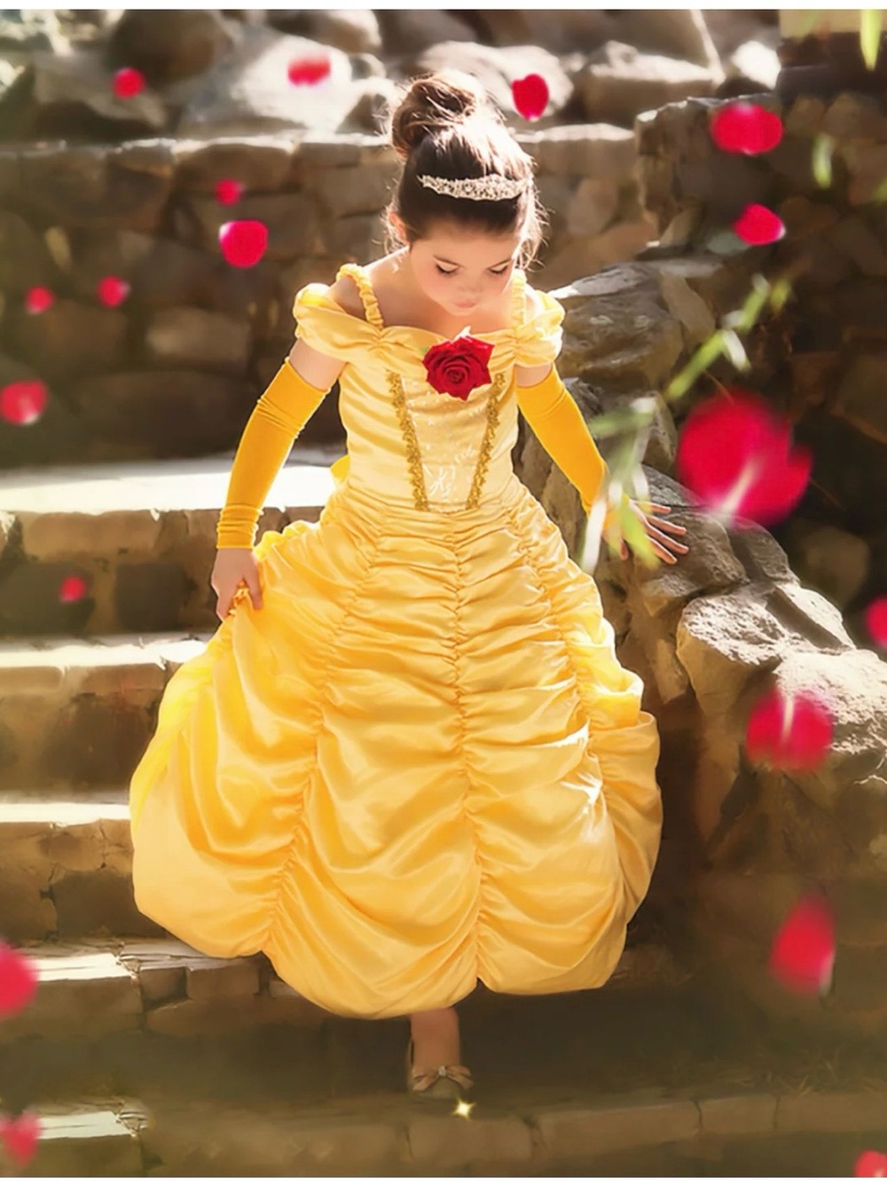 NEW - Trish Scully Yellow Princess Ball Gown Kids Costume with Red Rose Accent